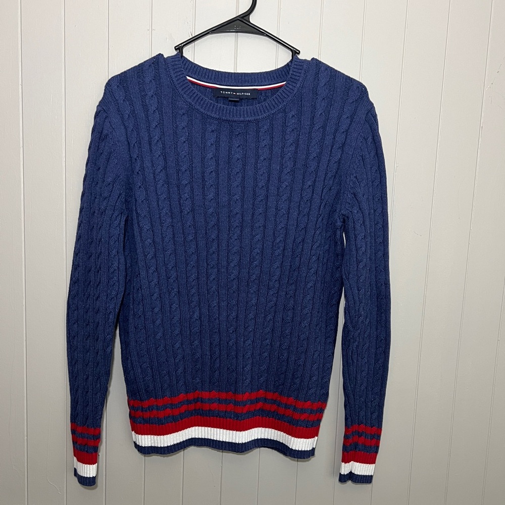 Tommy Hilfiger Cable Knit Sweater Navy Red White Trim Size M